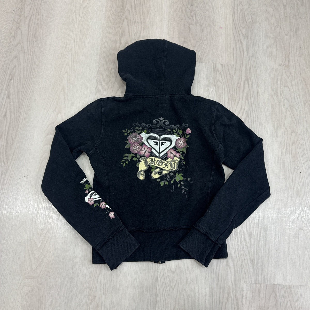 Vintage Roxy Floral Logo Zip Up Hoodie Y2K Surf Skate Black Size M