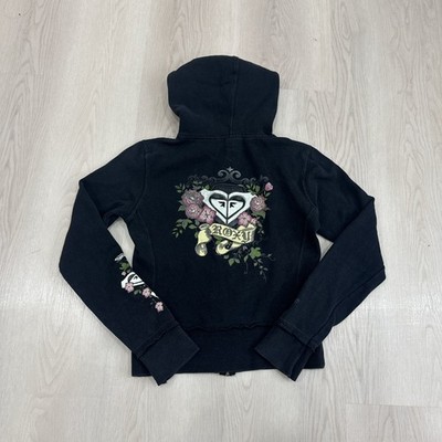 Vintage Roxy Floral Logo Zip Up Hoodie Y2K Surf Skate Black Size M