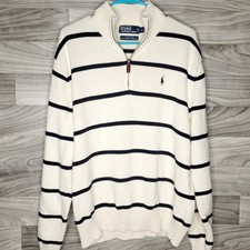 Vtg Polo Ralph Lauren 1/4 Zip Knit Sweater Men XL White Stripe Pony Y2K Preppy