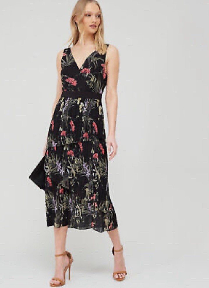 Ted Baker Malinae Tiered Pleated Midi Dress black floral print Size 3 uk 12 new