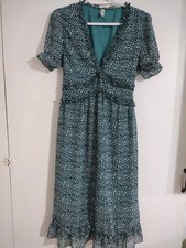 Women's Teal Green Leopard Print V Neck Short Sleeve Sz M Dress Ruffles C449