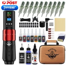 TUFFKING Tattoo Machine Kit Wireless Pen Adjustable Stroke Battery Needle Ink AU