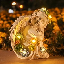 Solar Cherub Angel Outdoor Garden Decor Statues - 8 inches Angel Figurines Ou...