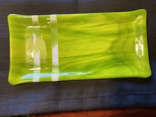Art Glass Tray Trinket Dish Console Tray Green & White 11.75 in x 5.75 in