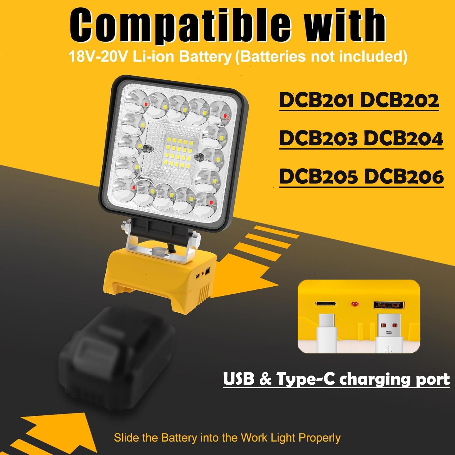 For Dewalt 18v Battery LED Work Light USB Cordless Rechargeable Workshop 5000LM