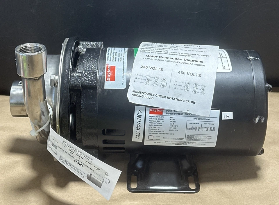 NEW NO BOX Dayton 304SS Centrifugal Pump Model: 4JMV4A 1/2HP 230/460V + WARRANTY - Image 4 of 4