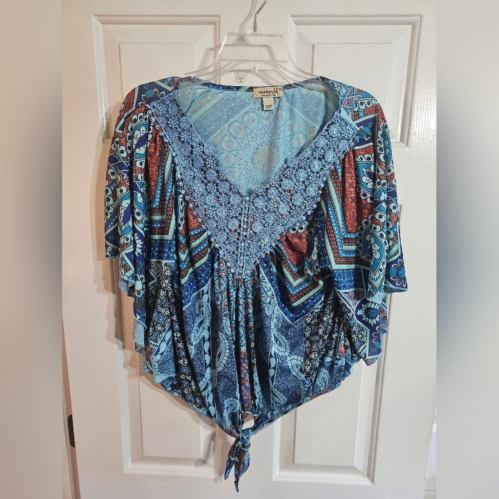 OneWorld Medium Blue Boho Patchwork Lace Tie-Fron… - image 2