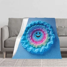 Whimsical Blue Smiling Face Flannel Blanket - Soft Cozy and Colorful Ruffles 