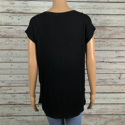 Smitten Shiny Studded Print Split Tie Neck Tunic Shirt XS Black Rayon Knit - Picture 7 of 9