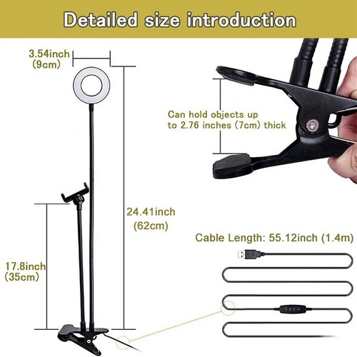 Phone Holder with Selfie Ring Light Desk LED Lamp Live Stream Stand Clip Tripod - 第 12/24 張圖片