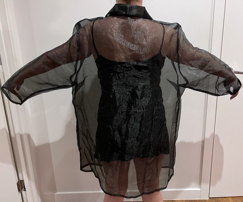 OVERSIZED VINTAGE CHIFFON METALLIC SHIRT DRESS BLACK WITH BELT - Picture 4 of 10