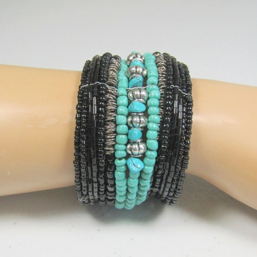 Turquoise Silver-tone and Black Glass Seed Bead Cuff Bracelet Boho Style Wide - Picture 2 of 4