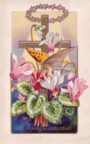 Easter A Joyous Eastertide Crown of Thorns Cross Flowers Gold Ornate 1913 - Picture 1 of 2