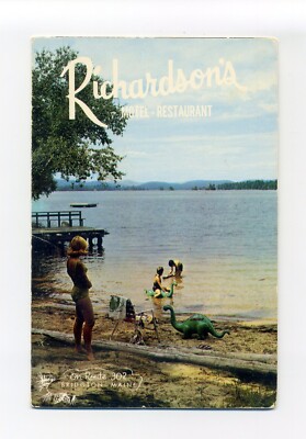 Bridgton ME Motel, map, cars, blonde bathing suit, dinosaurs, tri fold ad card