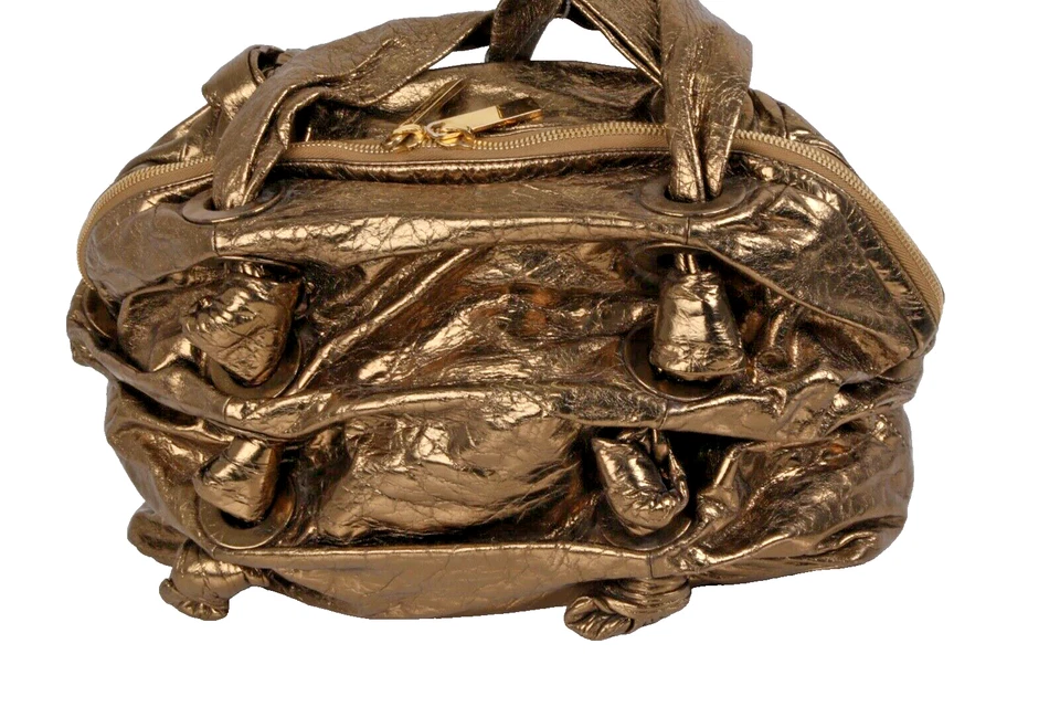 Michael Kors Collection Double Top Handle Bag Gold Metallic Leather Ruched - Image 4 of 4