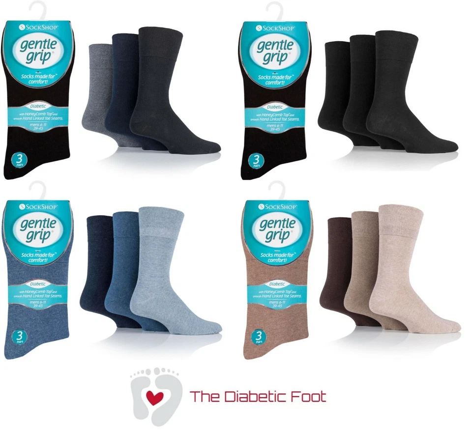 3 PAIRS Mens SOCKSHOP DIABETIC Gentle Grip Cotton Socks NON ELASTIC Seemless Toe