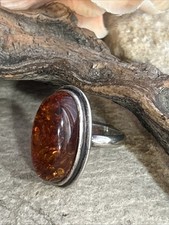 46. Vintage Unmarked Sterling Silver 925 Oval Baltic Amber Ring 9.7g, 7.5s