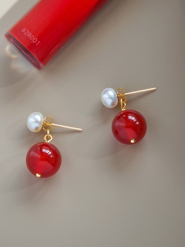 Personalità retrò AAAAA 6-7 MM orecchino perla naturale akoya borchia giada rossa 14k - Foto 9 di 9