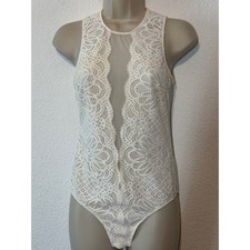 Victoria's Secret Ivory Lace Mesh Plunge Sleeveless Bodysuit High Neck S