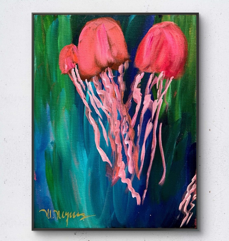 Mary Myers Original Abstract Expressionism 11x14 Pink Jellyfish Signed