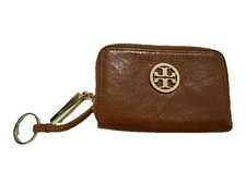 New 155 Tory Burch Tan Leather 4.5x3 Zip Around Gold Key Chain Coin Purse VV5