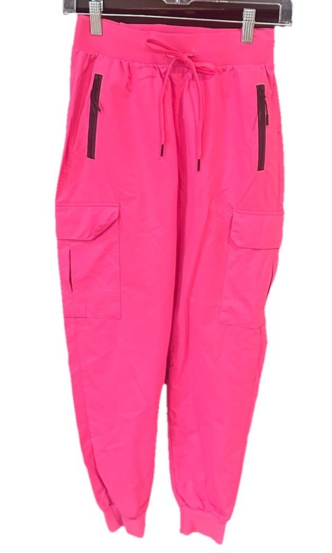 Women’s Bright Pink Cargo Joggers, Black Zippers, Size XS, Elastic Waist