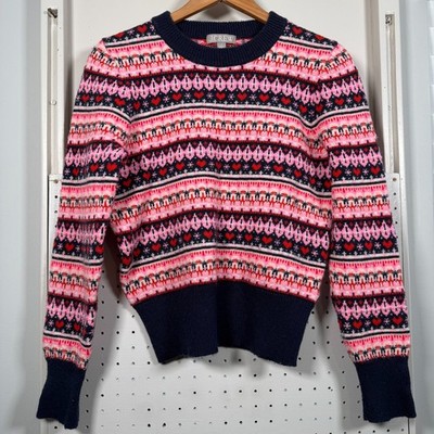 J.Crew Shrunken Fair Isle Crewneck Sweater Womens Pink Navy Valentine - Small