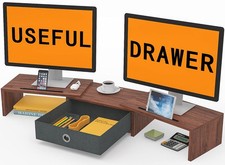 Dual Monitor Stand Riser with Drawer - Adjustable Length and Angle, 2 Phone Hold