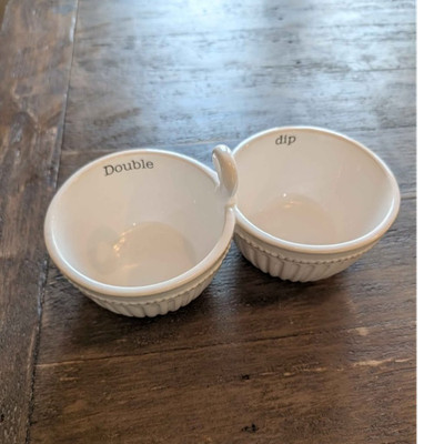 Mud Pie White Ceramic Double Dipping Bowls Set of 2 Dishwasher Microwave Safe