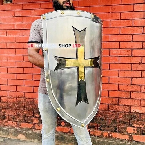 Medieval Knight Templar Heater Shield 30 Inch LARP SCA Crusader Era Cross Design - Picture 6 of 10