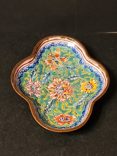 Vintage Chinese Enamel On Copper PIN RING DISH Colorful Highly Detailed Flowers - Picture 2 of 7