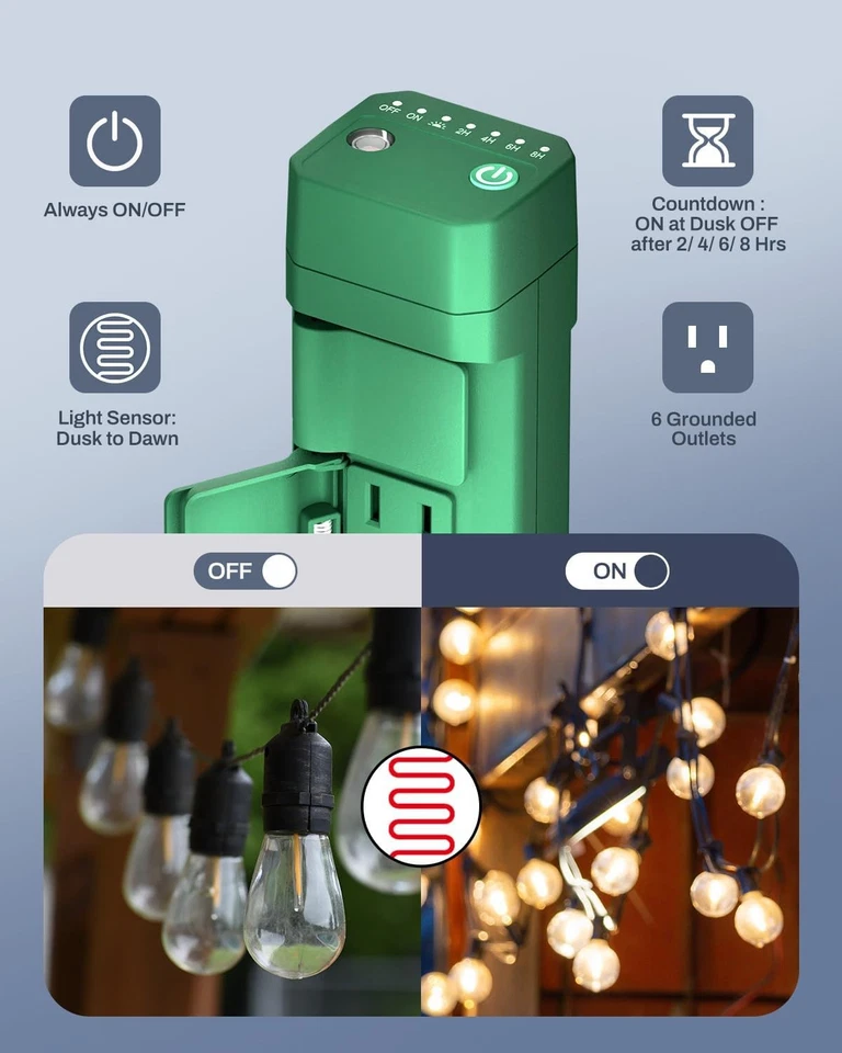 Temporizador de estacas de patio con tira de alimentación para exteriores BN-LINK 6 tomas de corriente conectadas a tierra 100 pies de largo alcance Foto 3 de 4