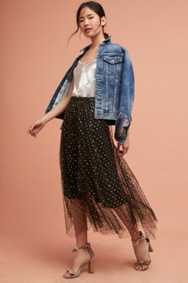 NWT Anthropologie Eva Franco Zelda Metallic Maxi Skirt Black Tulle Gold Dots 0