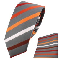 Schmale Tigertie Krawatte + Einstecktuch Orange Rotbraun Silberweiß Gestreift