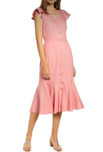 Rachel Parcell Linen Blend Midi Dress Size L Pink Button Down Ruffle Hem V Neck - Picture 3 of 18