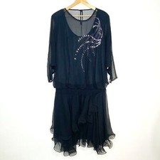 Vintage 80's Spencer Alexis Black Dress 16 Rhinestone Embellished Sheer Sleeve