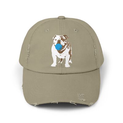 Playful Bulldog with a Blue Ball Distressed Cap, Unisex Adjustable Hat