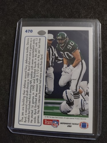 Tarjeta de fútbol americano 1991 Upper Deck #470 Dennis Byrd New York Jets - Imagen 2 de 2