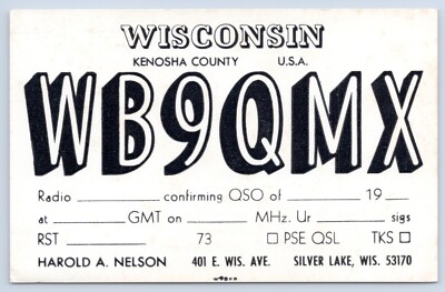 #ad QSL CB Ham Radio Harold A Nelson WB9QMX Silver Lake Wisconsin WI 1950#x27;s Card $5.00