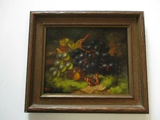 ANTIQUE 19TH CENTURY OIL PAINTING BUTTERFLY LANDSCAPE GRAPES STILL LIFE 1870'S
