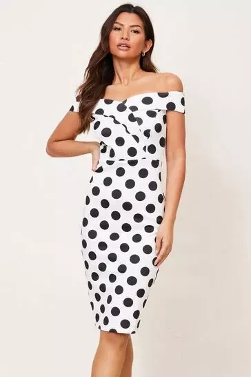 Lipsy Polka Dot Spotty White and Black Bardot Dress UK Size 14 eBay