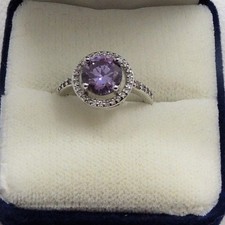 Pretty Silver and Amethyst CZ Prong Set Solitaire with Circle of Clear CZ Size 6