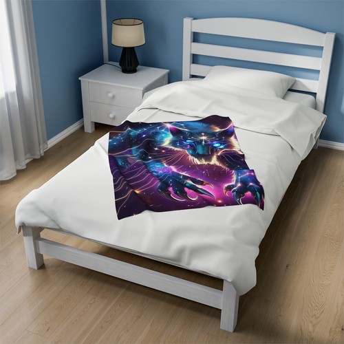 Velveteen Plush Blanket Home Decor Galactic Whiskers Futuristic Cat Outer Space - Bild 8 von 13