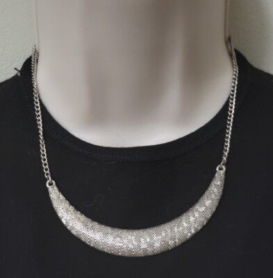 Womens Silver Tone Bib Necklace Crescent On Chain Black Geometric Print Embossed