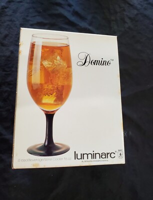 New Set of 4 Vintage Luminarc Domino Iced Bev Glasses  France Black Stem 16oz