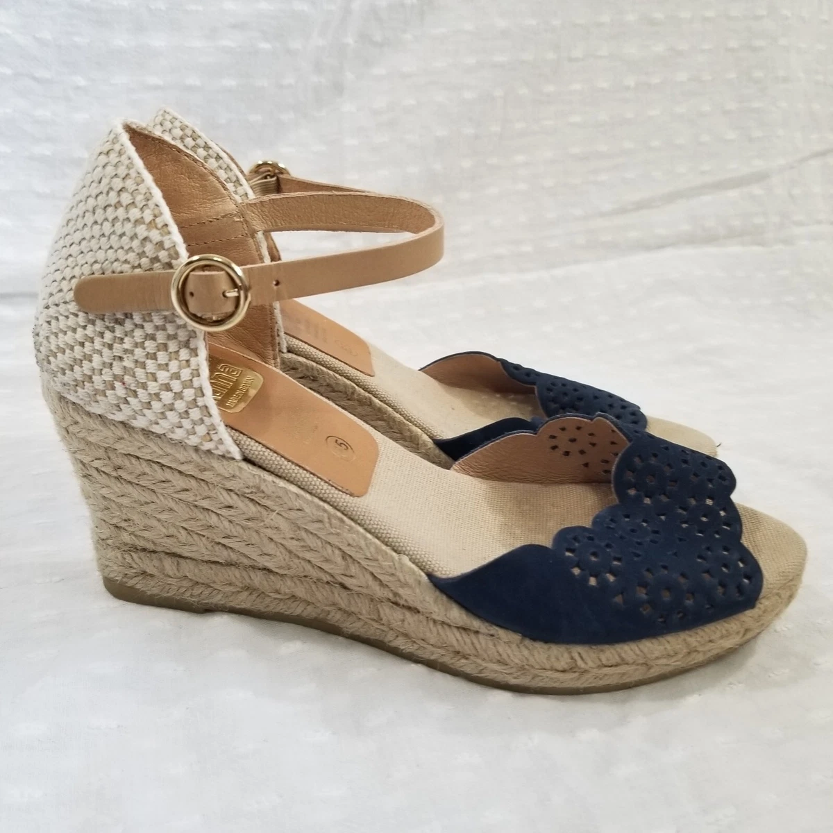 Kanna Women s Navy Blue Suede Perforated Peep Toe Espadrilles