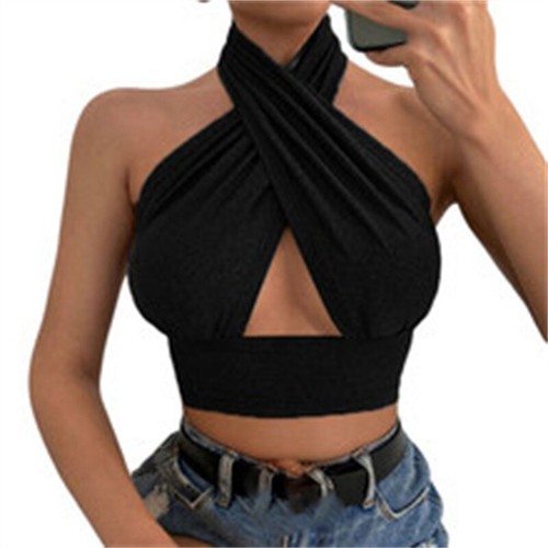 Women Open Back Top Over Halterneck Ladies Crop Top Sleeveless Cross Wrap - Picture 10 of 18