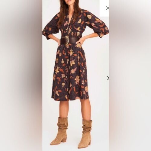 ba&sh qyna dunkelblau Blumen Knopfleiste Midikleid mit Bischofsärmeln Größe 8