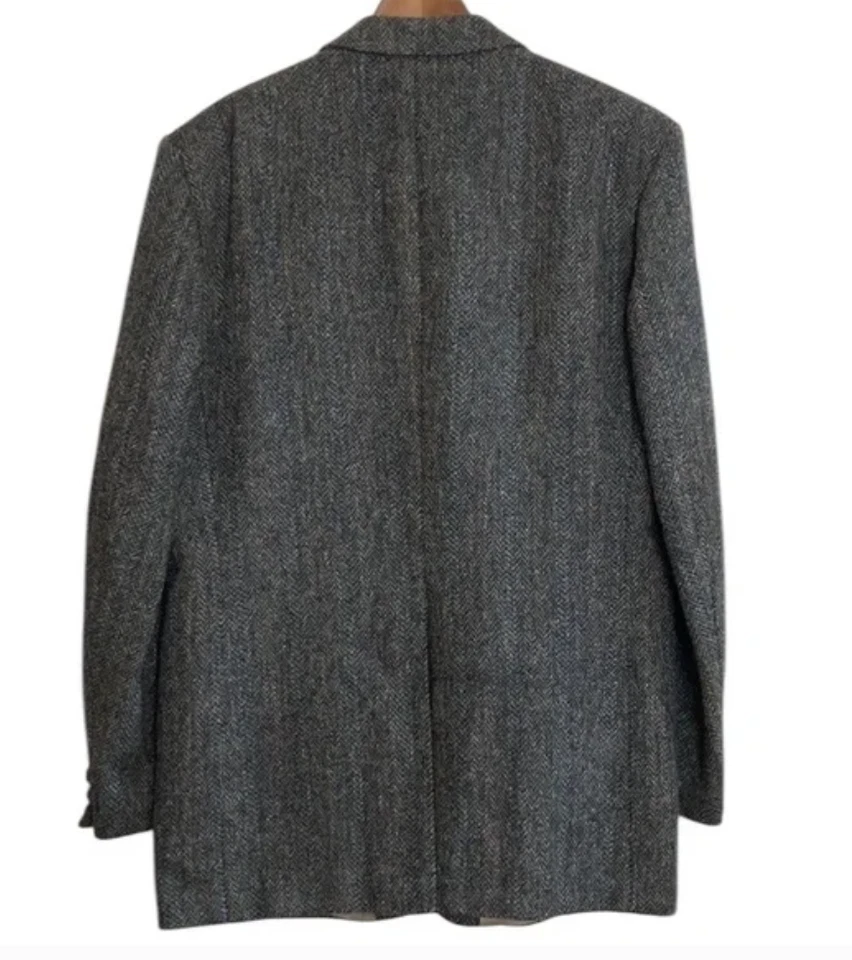 Vintage Harris Tweed Sport Coat Mens 44L Grey Herringbone Wool Blazer Jacket Foto 3 de 4