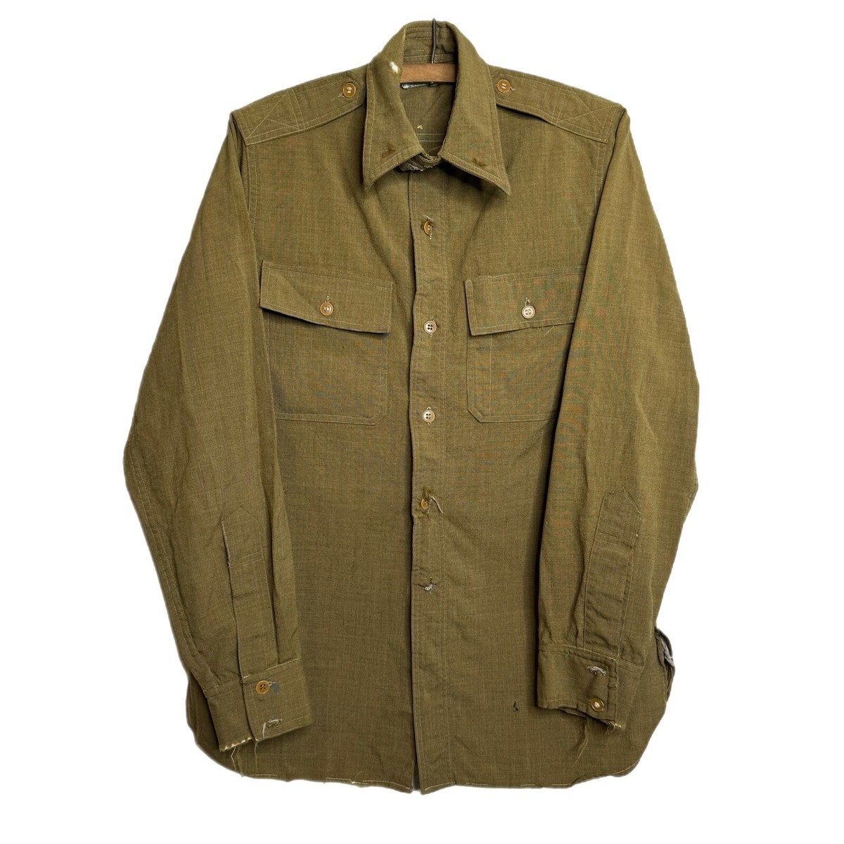 Vintage 1920s 30s Chin Strap Chambray Work Shirt Green Wool